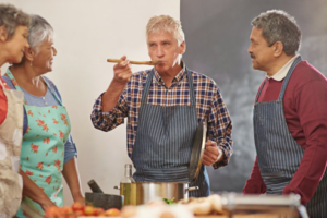 A group of friends cooking a holiday meal